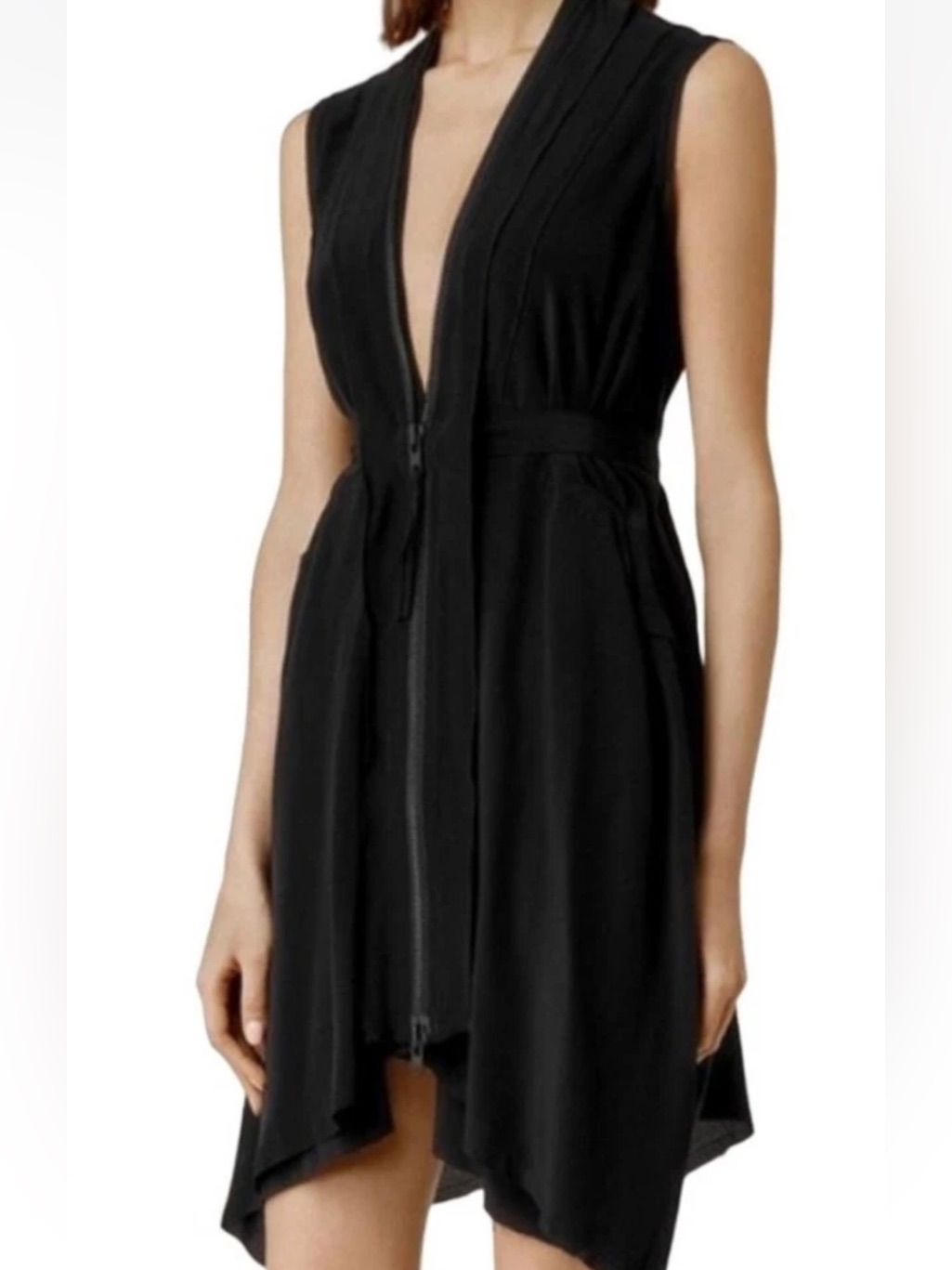 Allsaints Lewis Li Zipper Black Silk Dress With Tie Waist And Full Zip Size 4